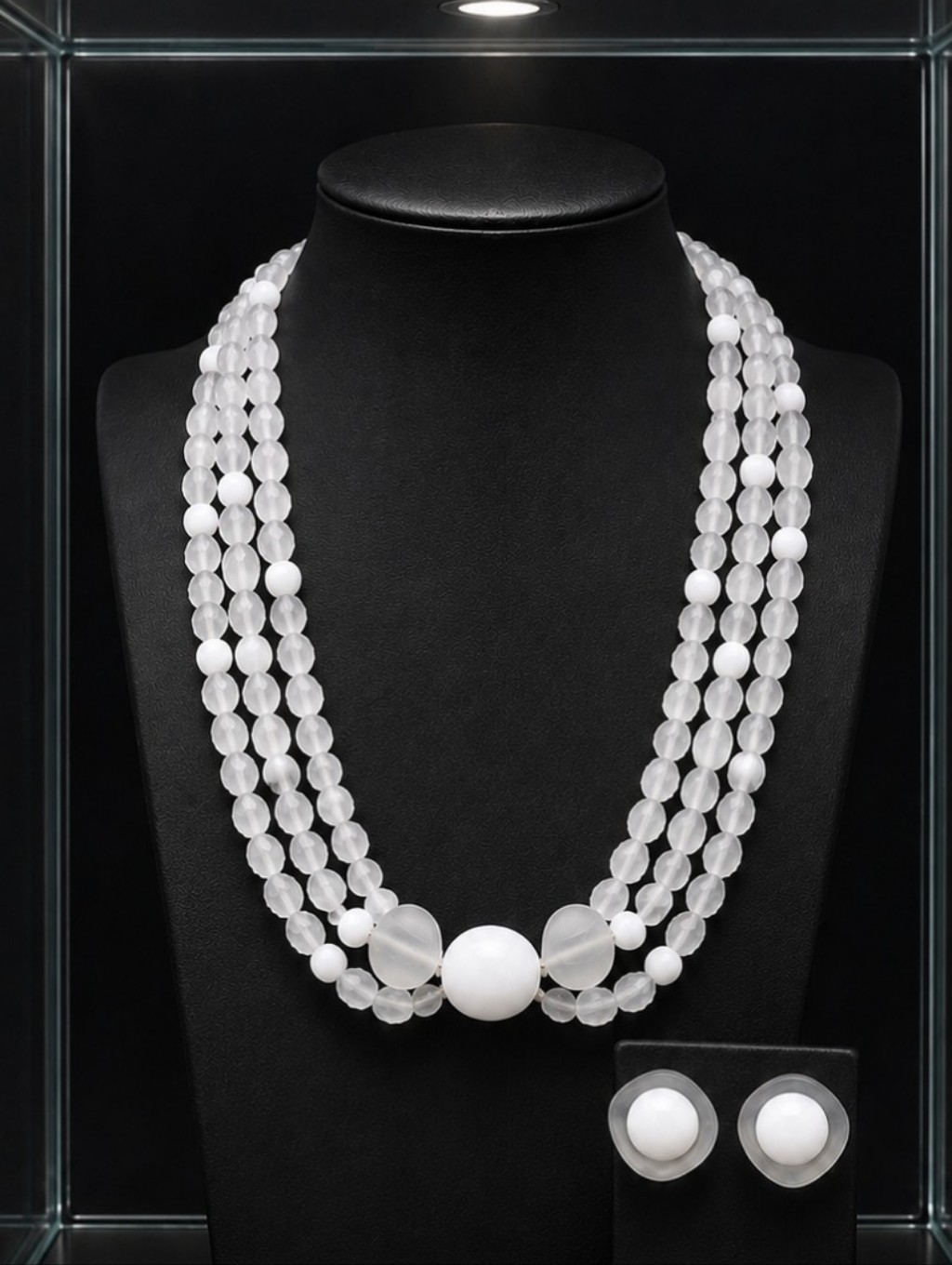 Lucite Frosted Chunky White Clear Plastic Molded Beads Vintage Necklace Earrings